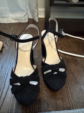 Marc Fisher Black Suede Open-Toe Ankle Strap Heels with Bow Accent